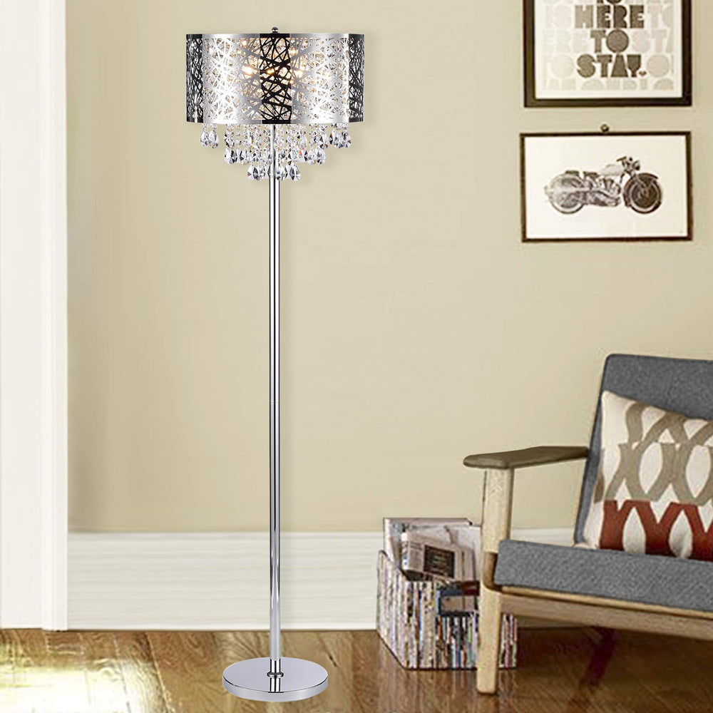 Warehouse of Tiffany FL7992 Ivica Chrome 3 Light Metal Crystal Floor Lamp Silver - Diamond Home USA