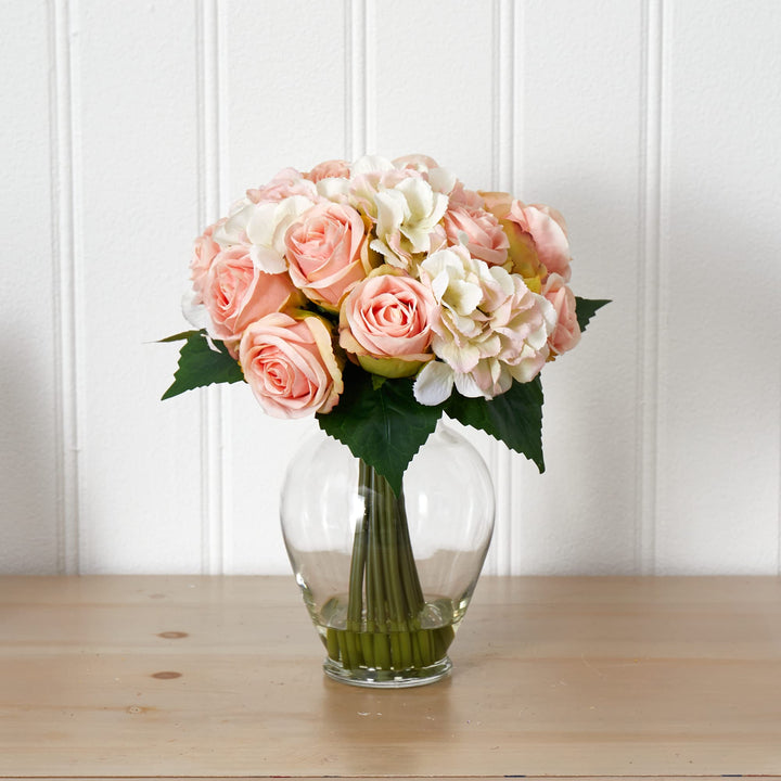 Nearly Natural Rose and Hydrangea Bouquet Artificial Arrangement - Diamond Home USA