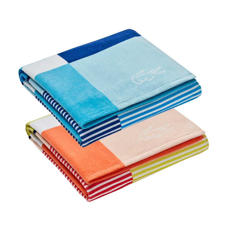Lacoste 2 Pack Shifted Stripe Beach Towel Bundle in Aqua Melon Blue Striped - Diamond Home USA