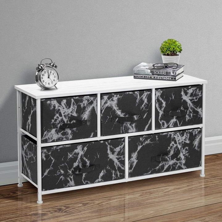 Black Marble Fabric/White Wood 5-Drawer Dresser Modern Contemporary Metal Medium - Diamond Home USA