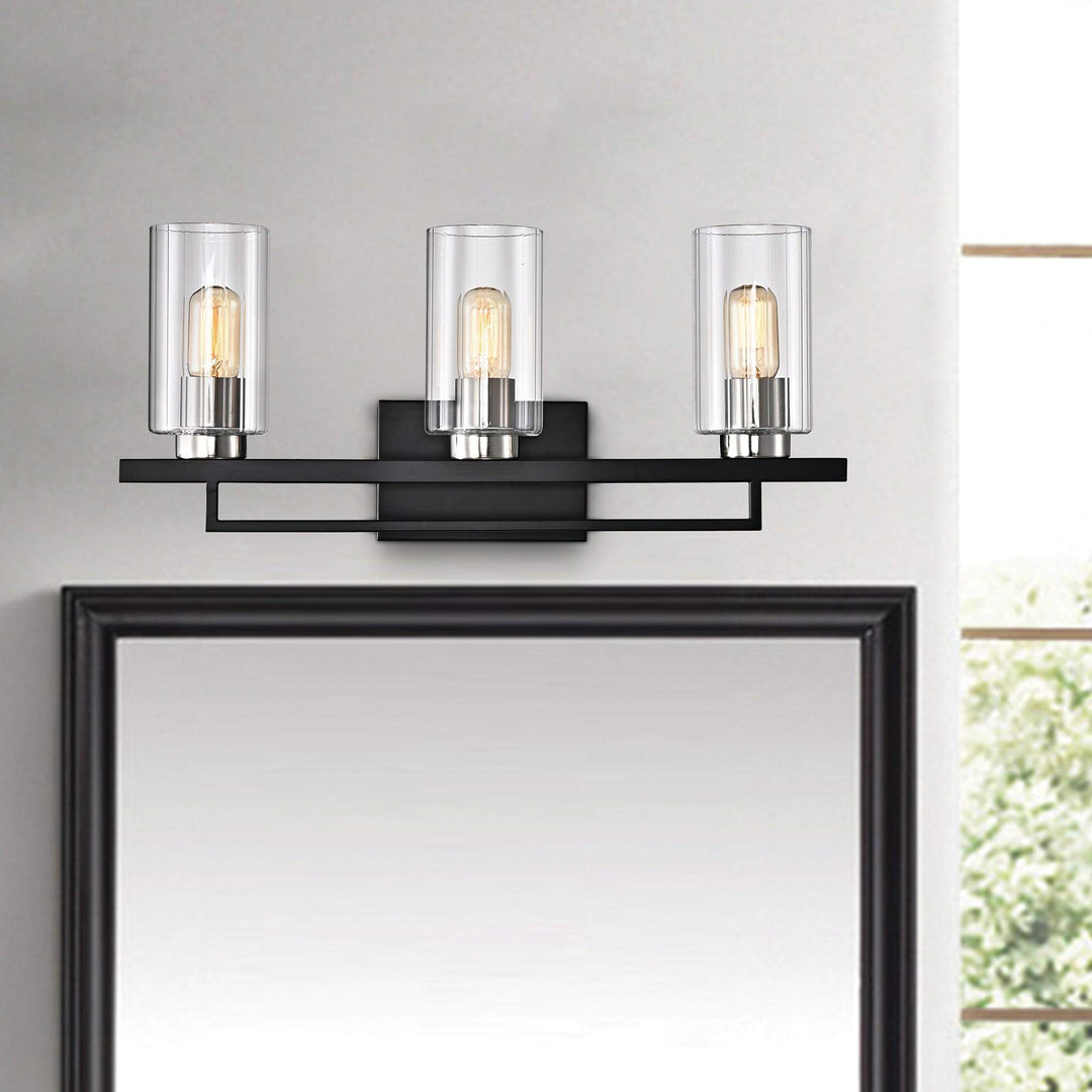 Black and Brushed Nickel 3-light Vanity with Clear Beveled Glass Shades
