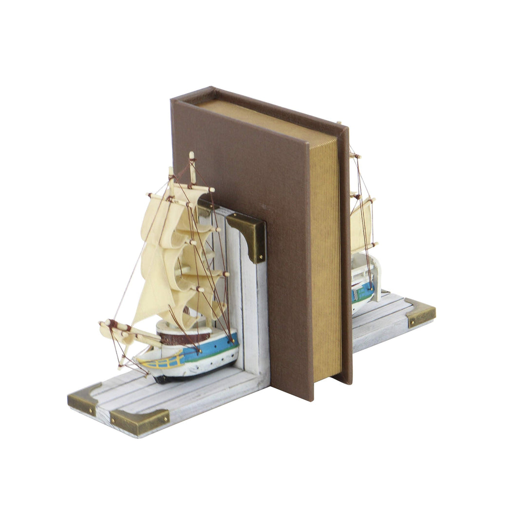 Nautical Trade Ship Book Ends Yellow Bohemian Eclectic Acacia Brushed - Diamond Home USA