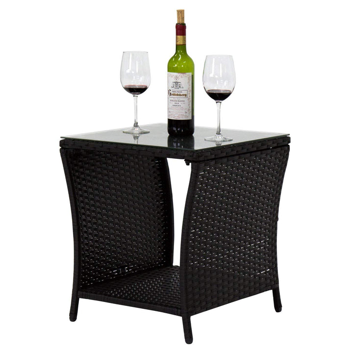 KINTNESS Black Outdoor Square Wicker Rattan Side Tea Table w/Glass Top Patio