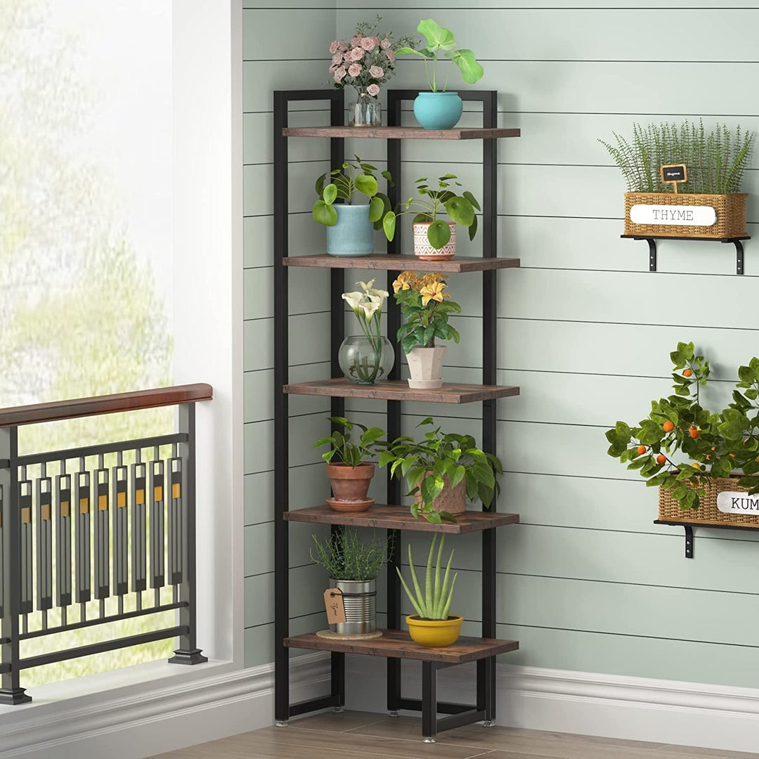 Industrial Corner Shelf 5 Tier Wood Bookcase Display 11.8" d X 20.47" w 59.44" h