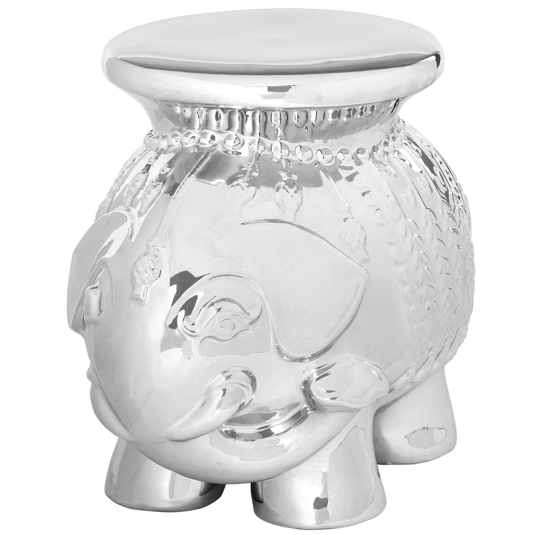 Paradise Elephant Silver Ceramic Garden Stool 19.8" X 14.3" 16.8" Oriental - Diamond Home USA