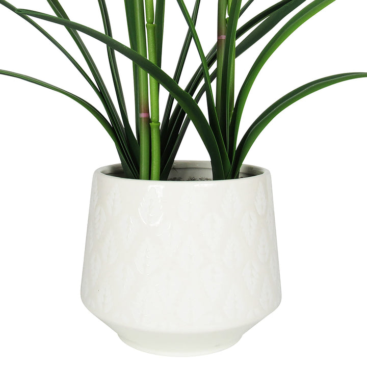 Orchid Flower Arrangement 2 Stem in Leaf Pattern Ceramic Pot 24in 24" H X 18" - Diamond Home USA