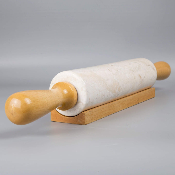 Deluxe Natural Champagne Marble Rolling Pin With Wooden Cradle 18ââ‚¬l Beige - Diamond Home USA