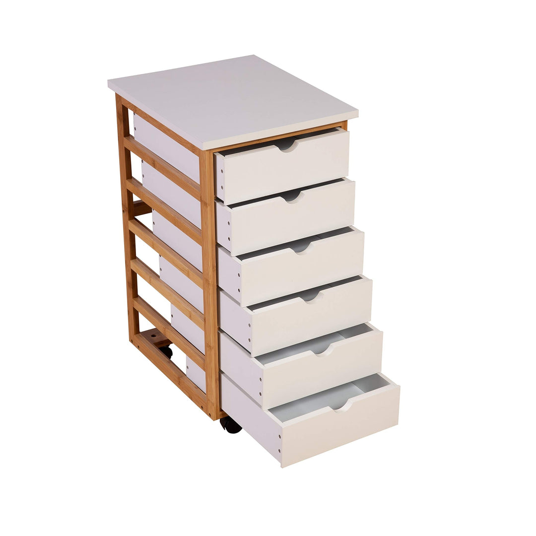 Solid Bamboo Frame 6 Drawer Rolling Cart White MDF Drawers - Diamond Home USA