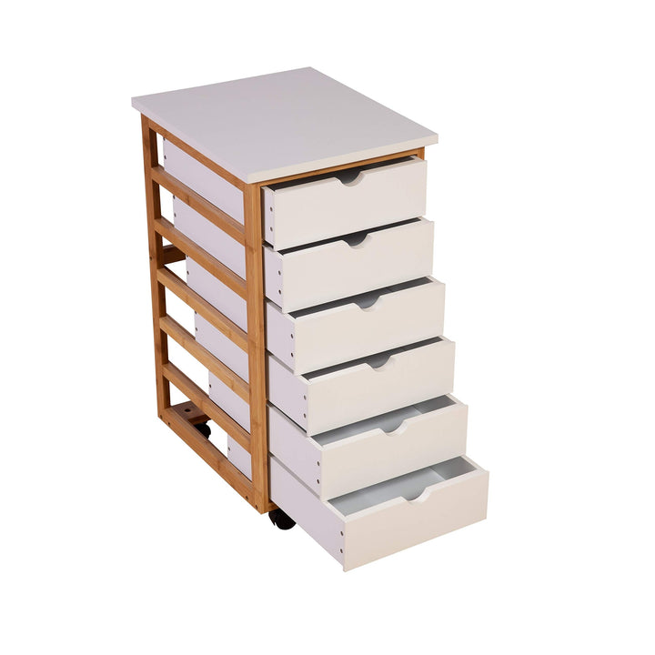 Solid Bamboo Frame 6 Drawer Rolling Cart White MDF Drawers - Diamond Home USA