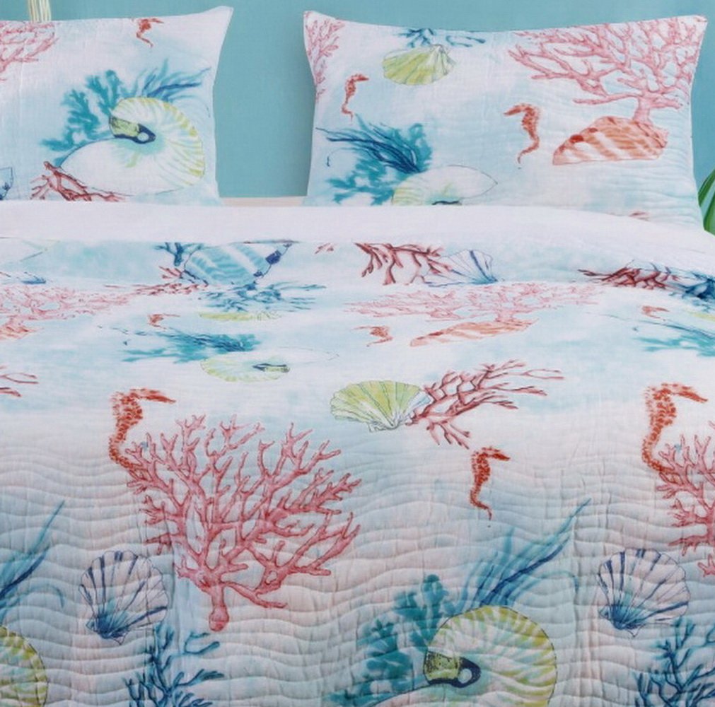 Quilt and Shams Set 3 Piece Coastal Beach Under Sea Reef Seashell Printed - Diamond Home USA