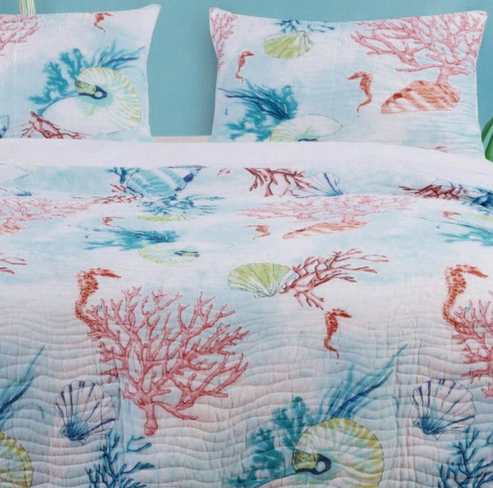 Quilt and Shams Set 3 Piece Coastal Beach Under Sea Reef Seashell Printed - Diamond Home USA