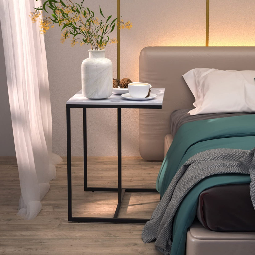 Heavy Duty Marble Top C Shaped Side End Table Sofa Bedside Black Modern - Diamond Home USA