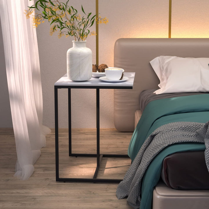 Heavy Duty Marble Top C Shaped Side End Table Sofa Bedside Black Modern - Diamond Home USA