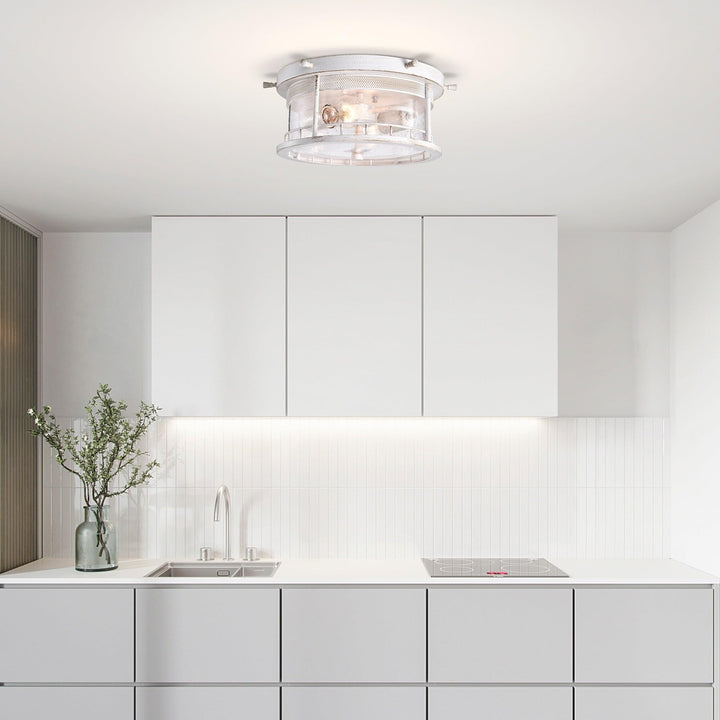 Antique White 2-Light Flush Mount with Caged Glass Shade Farmhouse Steel - Diamond Home USA