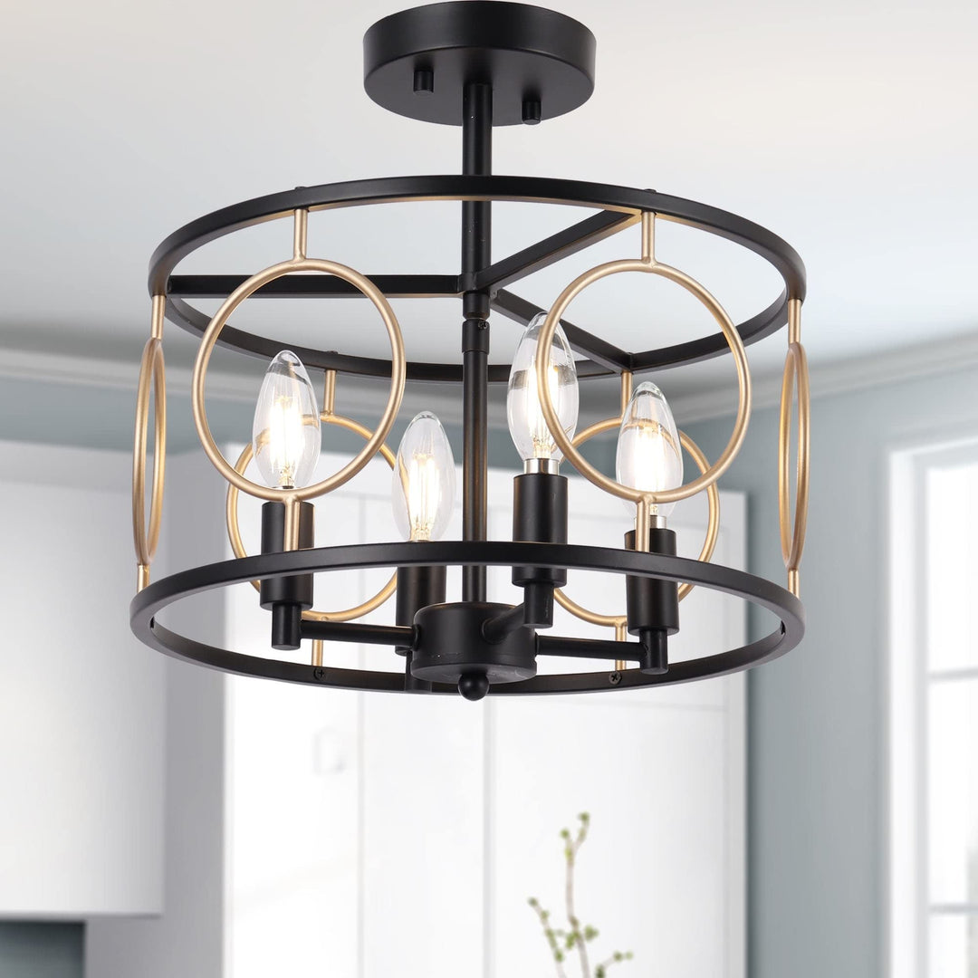 Modern Black Gold Candle 4-light Drum Semi-flush Mount Ceiling Lights D 13" X