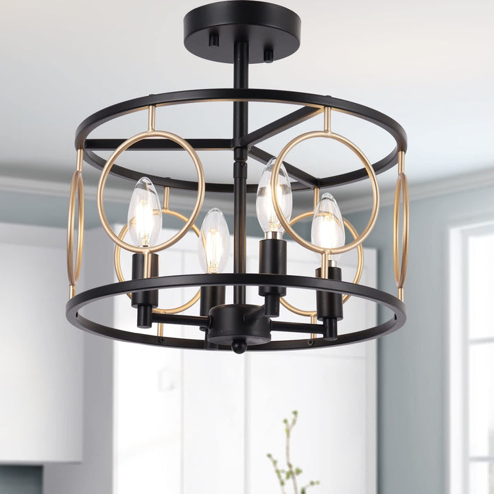 Modern Black Gold Candle 4-light Drum Semi-flush Mount Ceiling Lights D 13" X