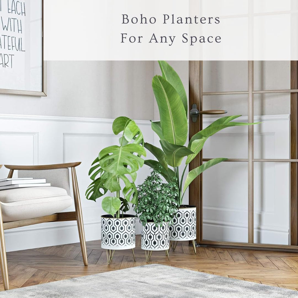 Andrey Metal Indoor Planter Set of 3 Bohemian Style Black & White Plant Pots - Diamond Home USA