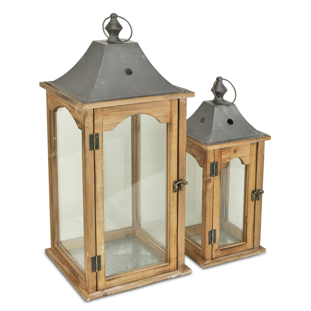 Brown Solid Wood and Glass Lanterns (Set of 2) L: 9.5 X W: H: 23