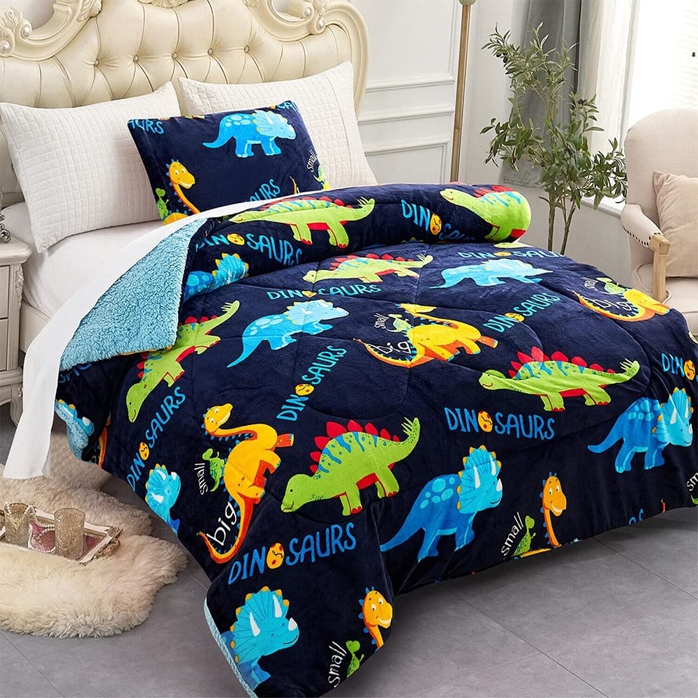 Kids Comforter Sherpa Set Twin Size with Pillow Sham Dinosaur Blue Animal