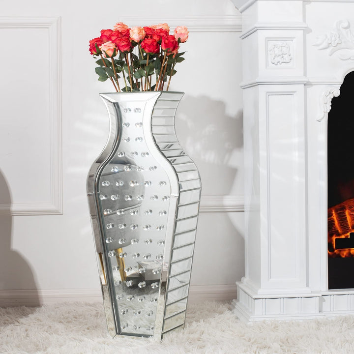 Tall Floor Vase Jewelry Mirrored Silver Contemporary Glass Wood Handmade - Diamond Home USA