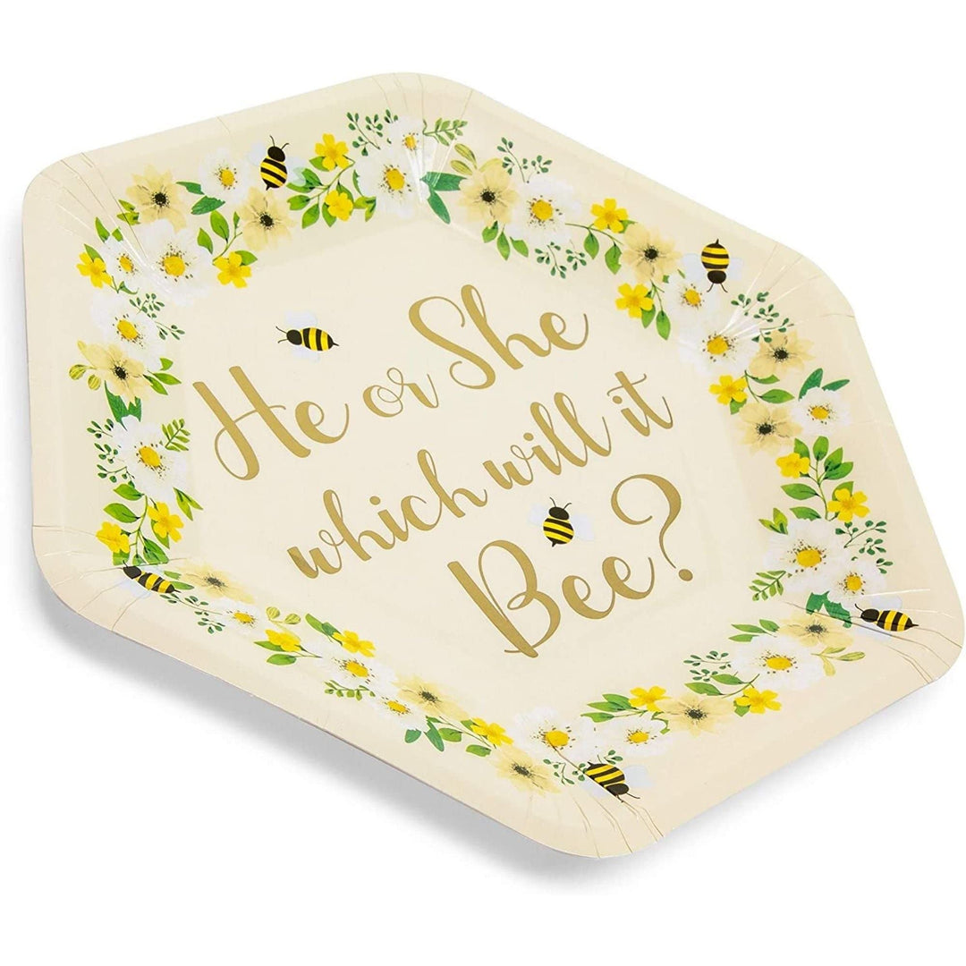 Bee Paper Plates For Gender Reveal Party (9 Inch Hexagon 48 Pack) White Floral - Diamond Home USA