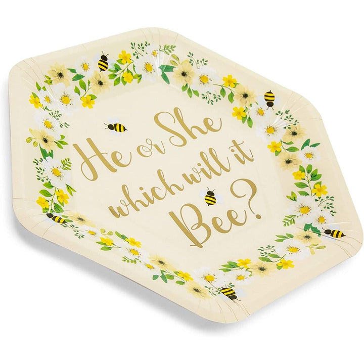 Bee Paper Plates For Gender Reveal Party (9 Inch Hexagon 48 Pack) White Floral - Diamond Home USA