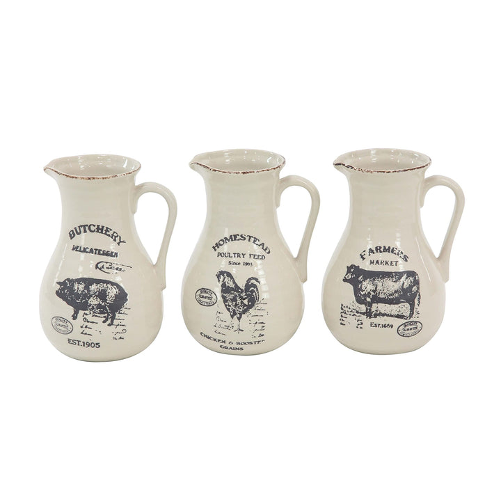 Jartop Set of 3 Farmhouse 10-inch Pitcher Vases with Barn Animal Prints White