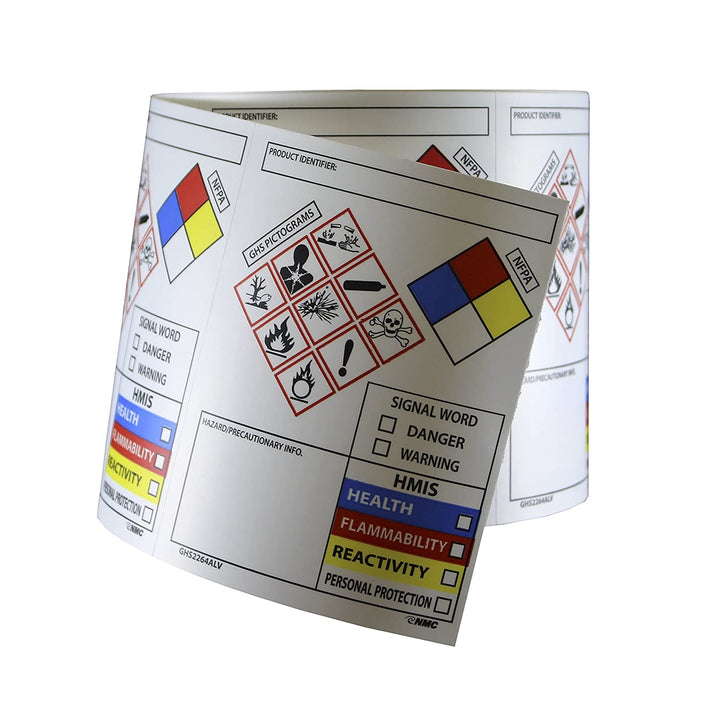 NMC Roll of 250 4" x 3" GHS Secondary Container Labels Pressure Sensitive