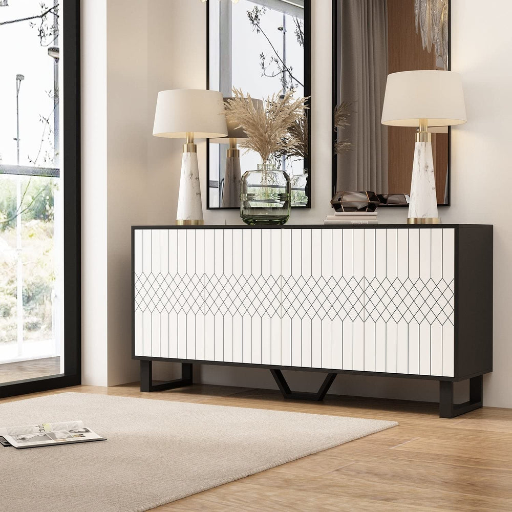 Modern 4 Door Bookmatch Buffet 63inch Black White End Table Sideboard French - Diamond Home USA