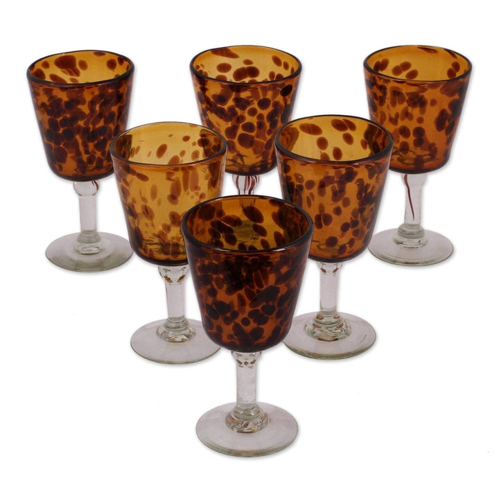 Handmade Wine Glasses Tortoise Shell Set Of 6 (Mexico) Brown Clear Glass