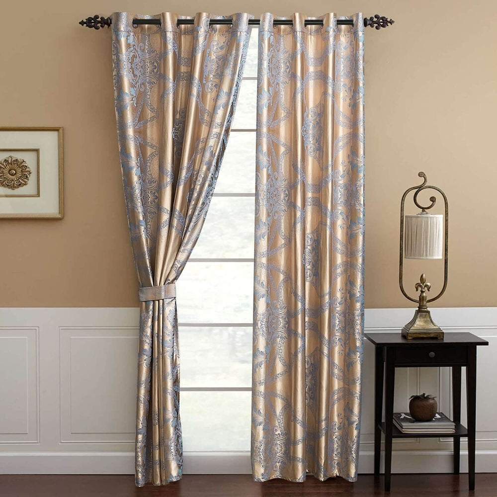 Curtains Damask Jacquard Grommet Semi-Blackout Tall Blue Gold Bohemian - Diamond Home USA