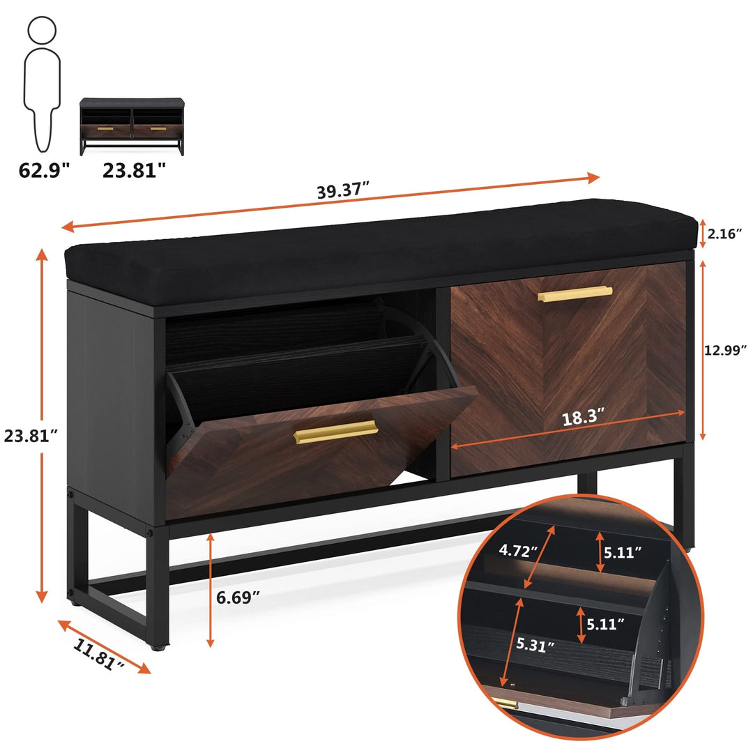 Shoe Storage Bench with Cushion Entryway 2 Flip Drawers Black Brown Solid - Diamond Home USA