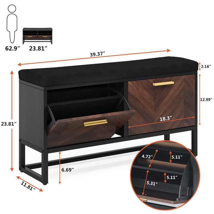 Shoe Storage Bench with Cushion Entryway 2 Flip Drawers Black Brown Solid - Diamond Home USA