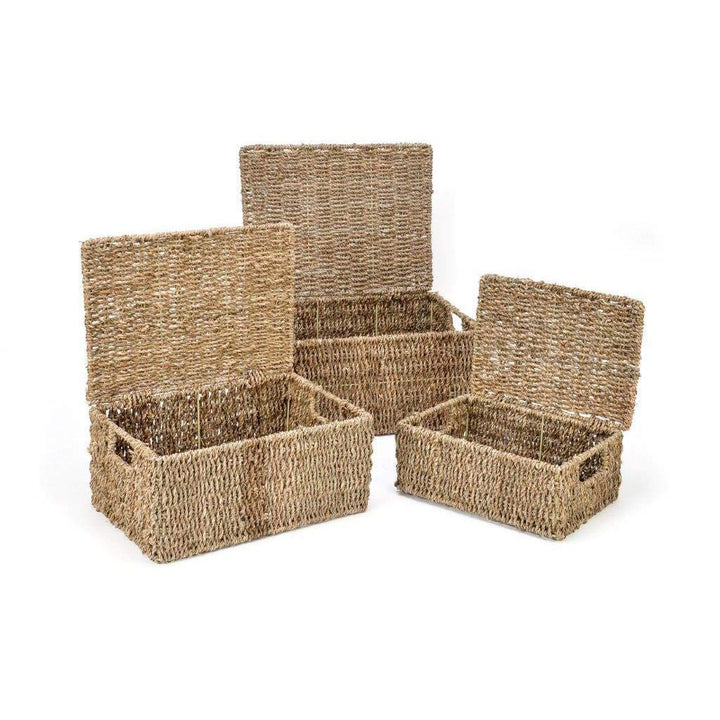 Set Of 3 Rectangular Seagrass Baskets With Lids Beige - Diamond Home USA