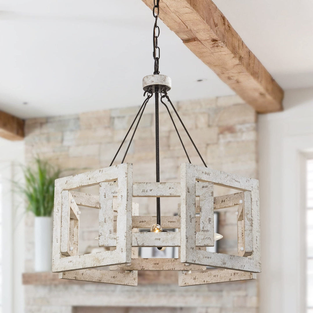 Distressed White Wood 4-light Chandelier Bohemian Eclectic Farmhouse Mid-century