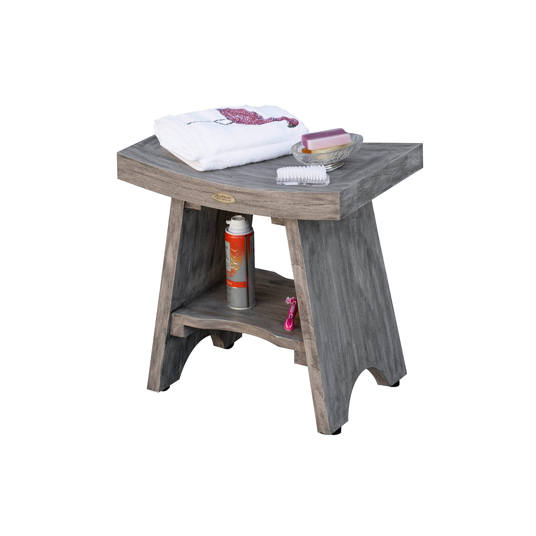 18" Gray Serenity Solid Teak Shower Bench Stool with Storage Shelf in New Finish - Diamond Home USA