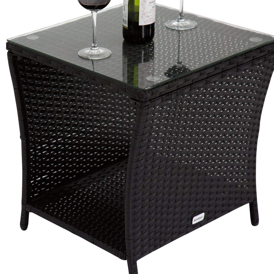 KINTNESS Black Outdoor Square Wicker Rattan Side Tea Table w/Glass Top Patio - Diamond Home USA