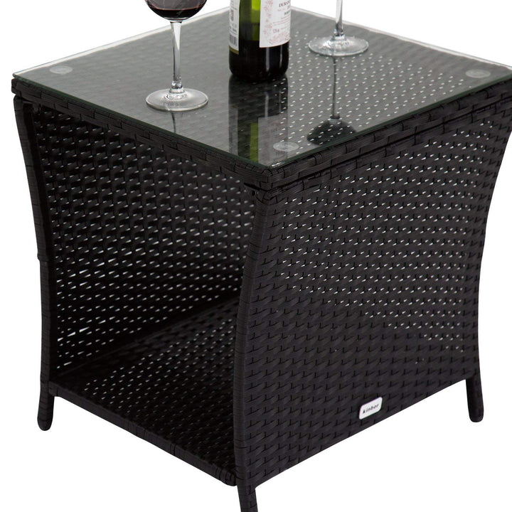 KINTNESS Black Outdoor Square Wicker Rattan Side Tea Table w/Glass Top Patio - Diamond Home USA