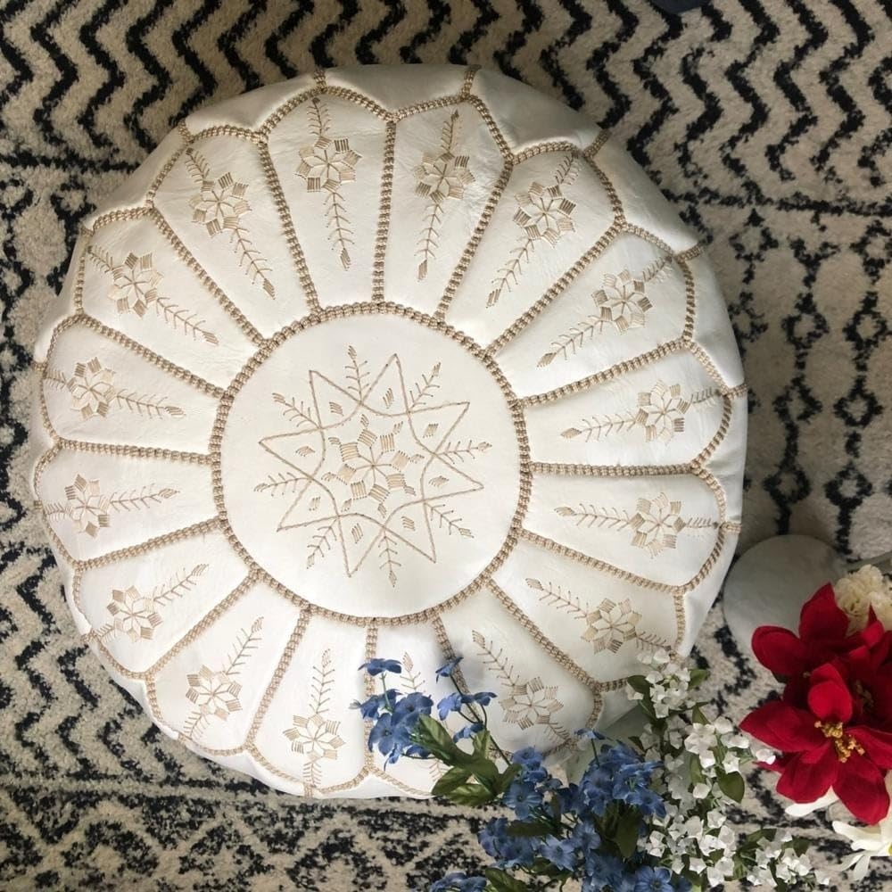 Moroccan Flower Leather Pouf Round White Embroidered Ottoman (Morocco) - Diamond Home USA