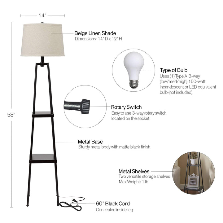 Lighting 3-Way 58-inch Distressed Iron Etagere Floor Lamp Black Modern - Diamond Home USA