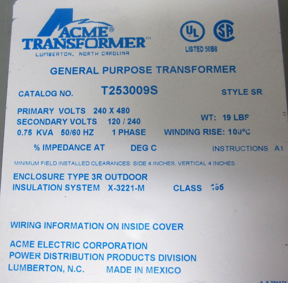 Acme Electric T253009S Dry-Type Distribution Transformer 1 Phase 0.75 kVA 60 - Diamond Home USA