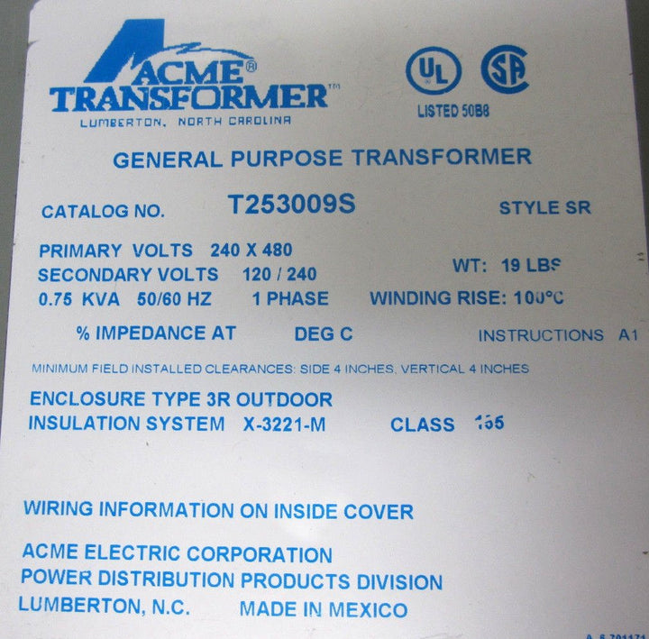 Acme Electric T253009S Dry-Type Distribution Transformer 1 Phase 0.75 kVA 60 - Diamond Home USA