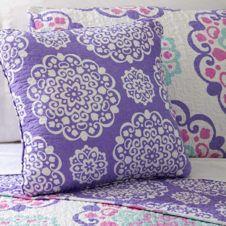 3 Piece Girls Medallion Quilt Twin Set Cute All Over Flowers Mandala Motif - Diamond Home USA