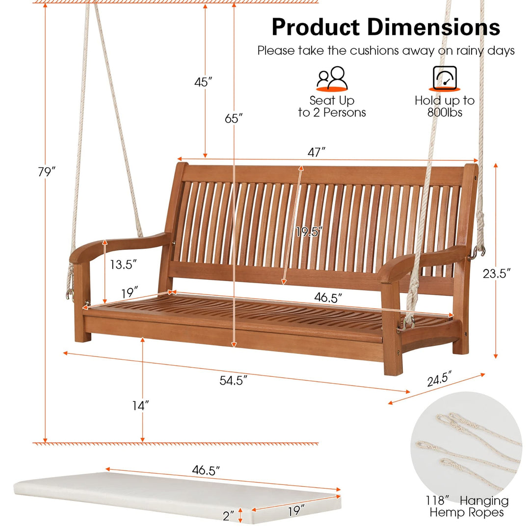 2-Person Hanging Porch Swing Wood Bench with Cushion Curved Back Brown - Diamond Home USA