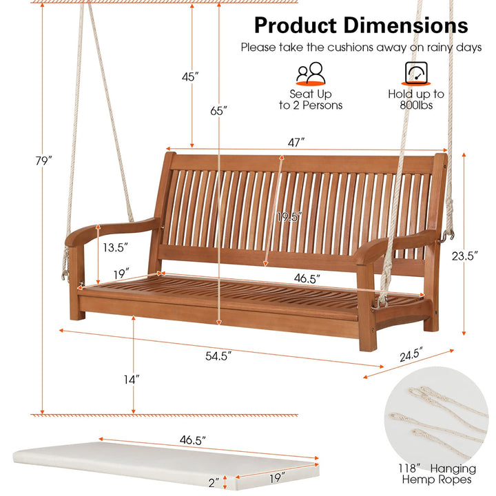 2-Person Hanging Porch Swing Wood Bench with Cushion Curved Back Brown - Diamond Home USA
