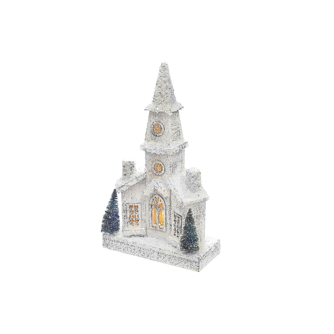 Christmas Led Snow Covered Church 15.75" White Wood