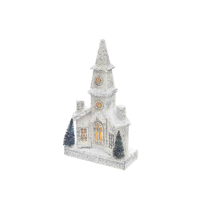 Christmas Led Snow Covered Church 15.75" White Wood