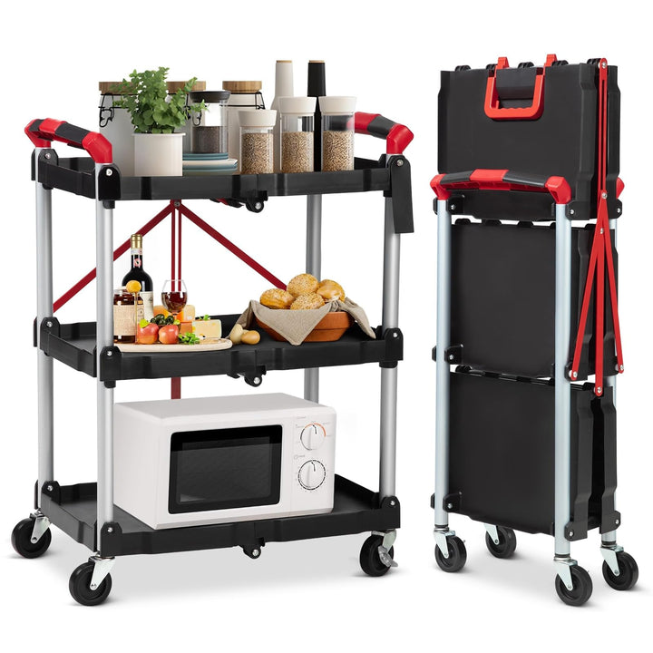 Portable Folding Service Cart 3 Tier Utility Black