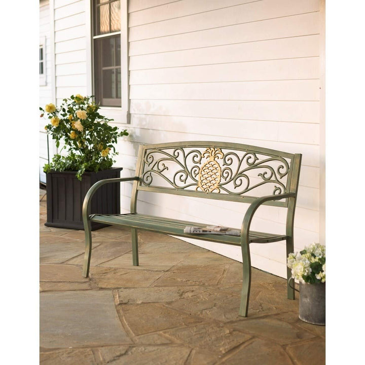 Pineapple Metal Garden Bench Green Aluminum Backed - Diamond Home USA