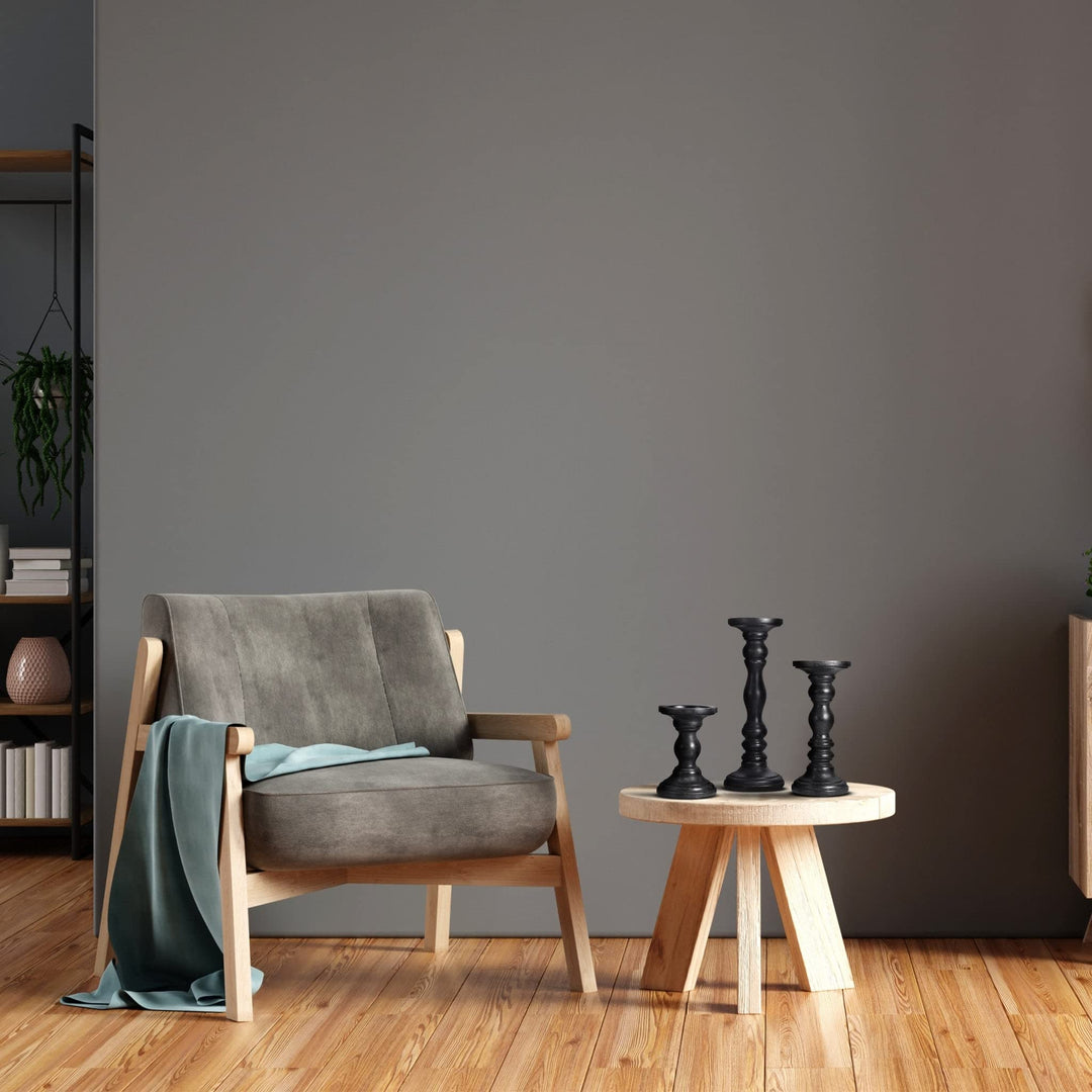 Set of Three Matte Black Genuine Wood Hand Carved Pillar Candle Holders 17" X 9" - Diamond Home USA